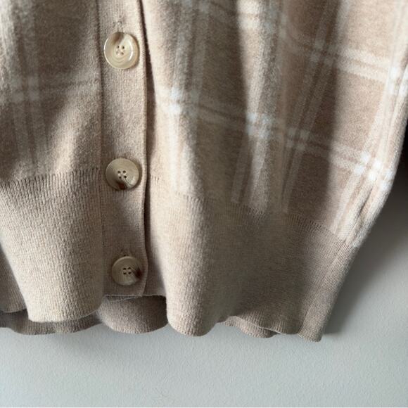 Joie Beige Plaid Cardigan long sleeve cable knit accent button down front - Picture 6 of 12